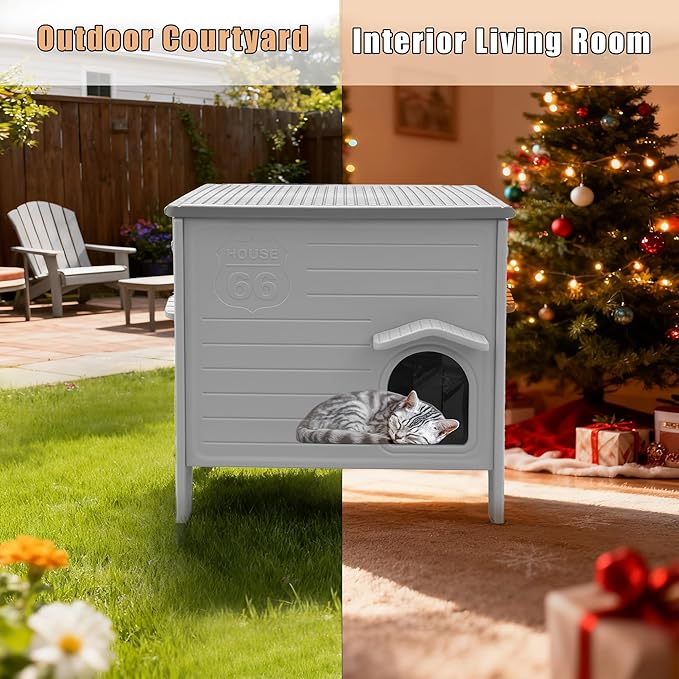 Cat House for Outdoor with Insulated Liner Weatherproof Cat Shelter, Plastic Cat House Easy to Assemble Cable for 1-4 Cats (Winter-Ready)