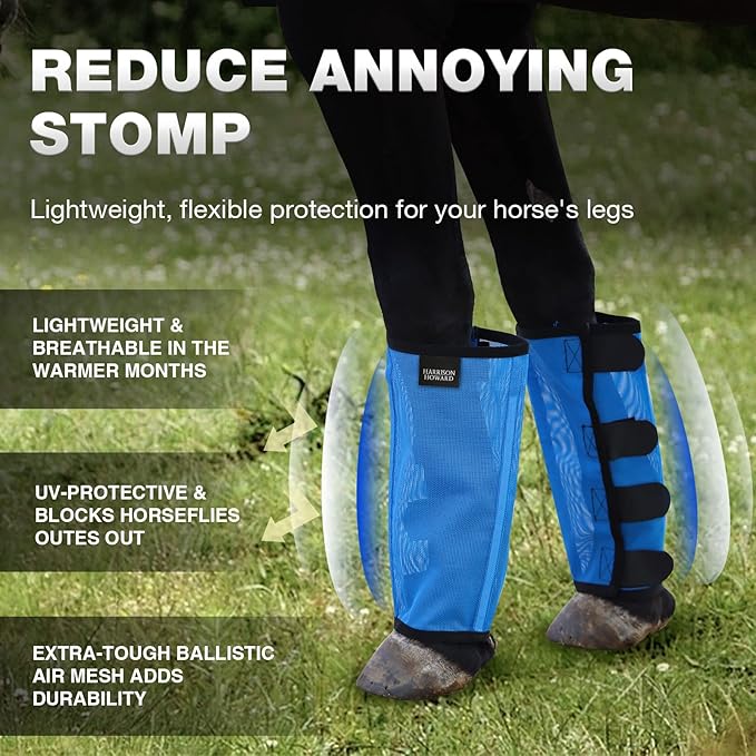 Harrison Howard Loose Fitting Fly Boots UV-Protective Extra Tough Mesh Ventilated Four Fasteners Stay-on Design Protect Horse Legs & Stomp-Reducing Set of 4 Sky Blue Mini