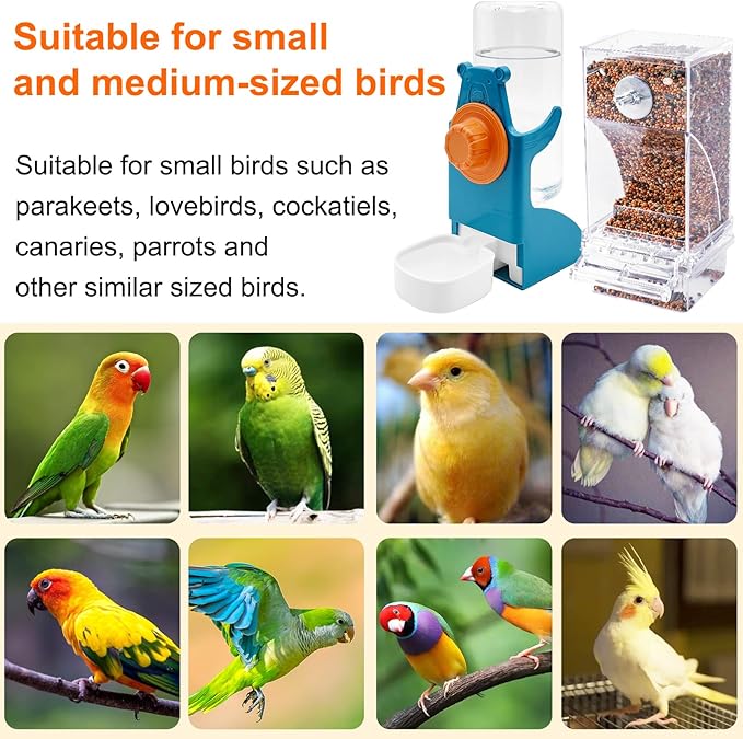 VCEPJH No Mess Bird Feeder with Water Dispenser, Automatic Parrot Feeder Drinker Parakeet Seed Dispenser Food Container with Cage Perch for Lovebirds Conures Budgies Canary Finch (4Pcs)