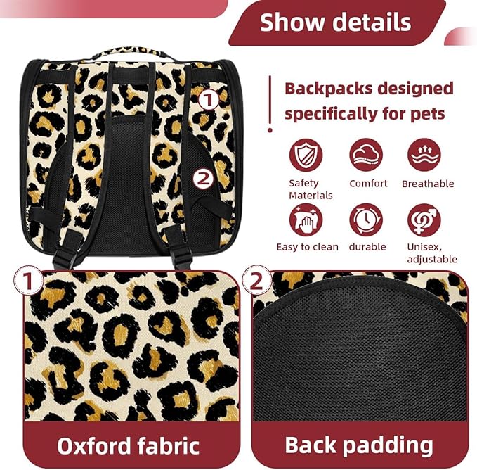 Modern Classic Leopard Print (1) Cat Backpack Carrier, Large Pet Backpack for Medium Small Dog Cat Puppy Kitty Bunny