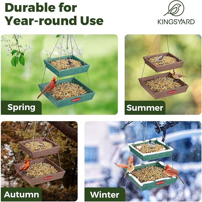 Kingsyard 2 Tier Large Platform Bird Feeders for Outdoors Hanging, 5 lbs Capacity Recycled Plastic Flat Mealworm Bird Feeder Tray, Garden Decoration Attracting Cardinal Blue Jay, Green