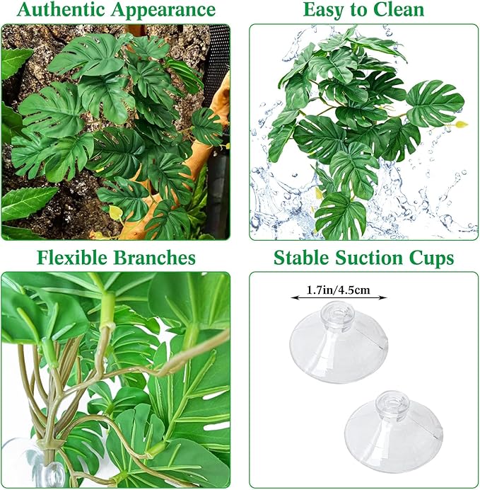 VCEPJH Reptile Plants with Suction Cup Amphibian Habitat Decor 2 Pcs Artificial Leaves for Terrarium Decor Crested Gecko Tank Accessories for Bearded Dragon, Lizard, Snake (Monstera)