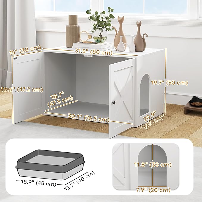 PawHut Cat Litter Box Enclosure, Hidden Litter Box Furniture with Barn Door, Cat Hole, Indoor Pet House Washroom, End Side Table, 31.5" x 21" x 20", White