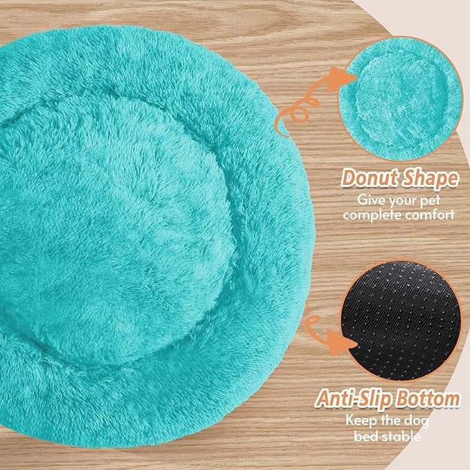 JOLLYVOGUE Calming Dog & Cat Bed for Small Dogs, Anti-Anxiety Donut Cuddler Cozy Soft Round Bed with Anti-Slip Bottom, Fluffy Faux Fur Plush Cushion Beds for Small Medium Dogs (27")