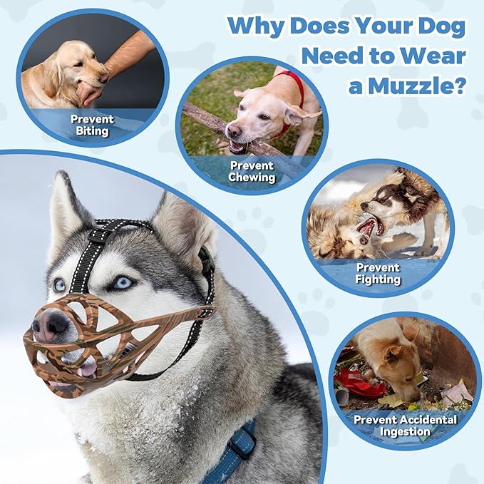 Dog Muzzle for Large Dogs, Breathable Basket Muzzles for Small, Medium and X-Large Aggressive Dog, Allows Panting Drinking, Suitable for Grooming Trimming Training (Camouflage Brown, M)