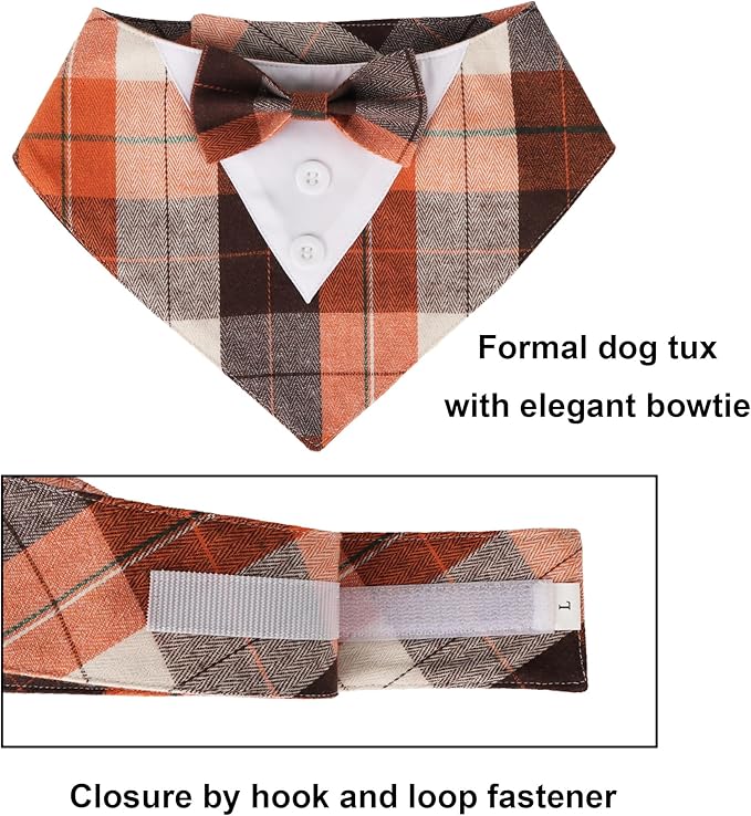 ADOGGYGO Fall Dog Tuxedo Bandana, Orange Plaid Pet Fall Collar with Bowtie, Adjustable Halloween Thanksgiving Costume for Small Dogs (S)