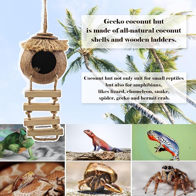 Gecko Tank Accessories,Grested Gecko Coconut Hideout Hut with Ladder Reptile Hanging Plants Climbing Bearded Dragon Hammock Flexible Jungle Vine Leaves Terrarium Decor