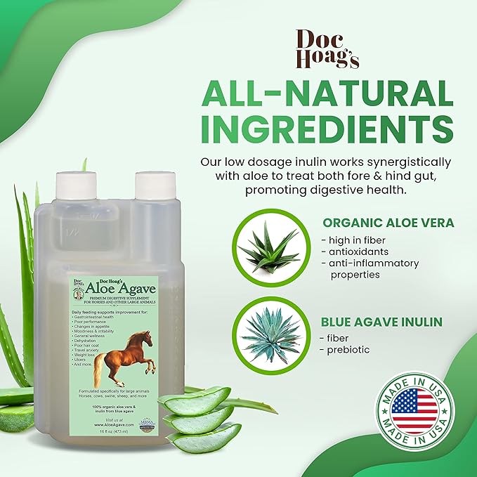Doc Hoag’s Aloe Vera+Agave Premium Horse Supplement – Made in USA – Original Udder Balm – Natural Gastric Support for Horses & Large Animals – Stress Relief & Ulcer Care, 16 Fl Oz.