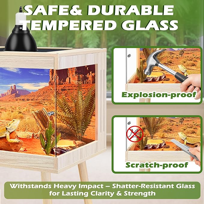 ROYXEN Bearded Dragon Tank with Leg Stand,Tempered Glass Reptile Tank with Metal Mesh Top, 3-Side Clear Anti-Scratch Glass Lizard Tank,Snake Tank for Reptile Habitat (Oak, 62Gallons,40" Length)