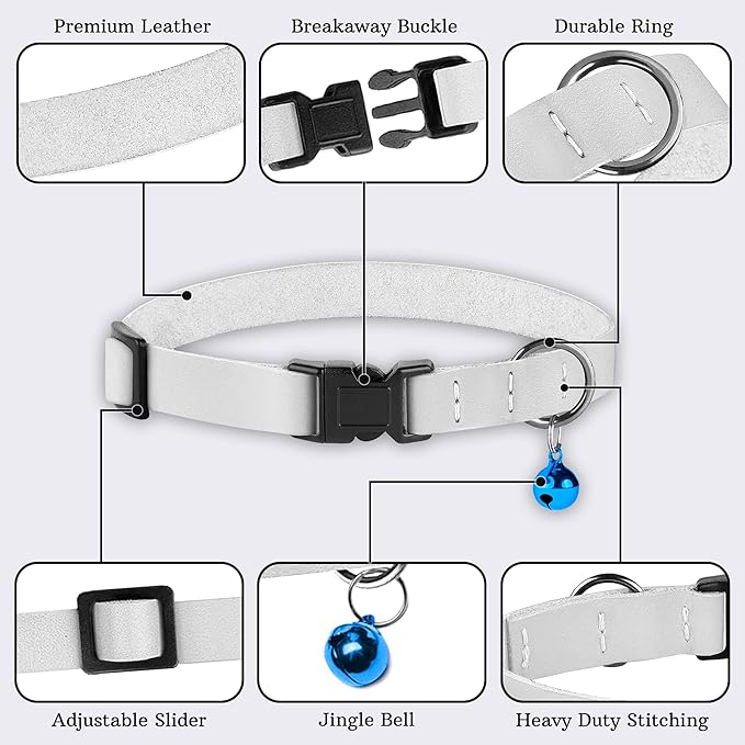 Breakaway Cat Collar with Bell - Leather Adjustable Kitten Collars with Safety Quick Release Buckle - Soft Small Pet Collars for Girl & Boy Cats (White)