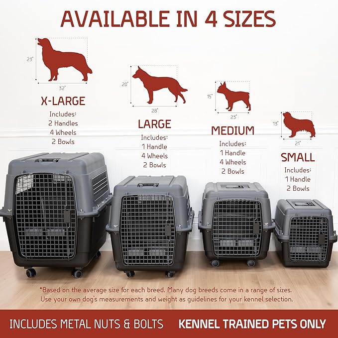 SportPet Airline Approved Wire Door Travel Dog Crate, Durable Plastic Pet Travel Kennel with Removable Wheels,Collapsible, Food Bowls & Accessories,Fits Dogs up to 32" L & 24" H - X-Large -Gray/Black
