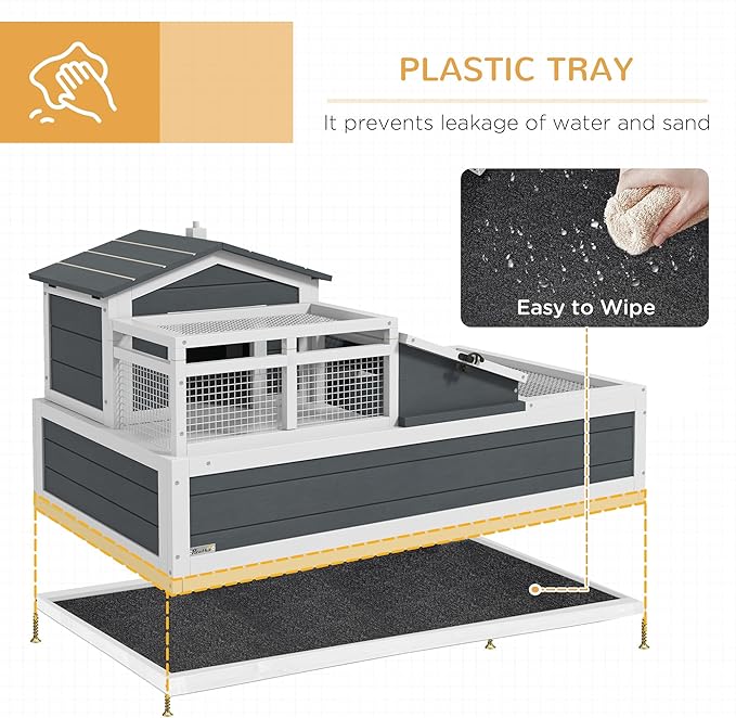 PawHut 3- Room Tortoise House Habitat with Balcony & 2 Stories, Indoor/Outdoor Wooden Tortoise Enclosure with Ladder, Tray, Openable Roof, Large Reptile Cage, 44" x 25.5" x 23", Gray