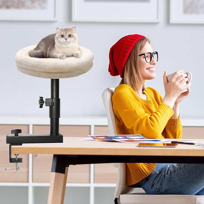 Cat Desk Bed 360° Rotating Cat Bed Desk, Solid Wood Perch, Removable Cushion, Adjustable Clamp for Office & Living Room