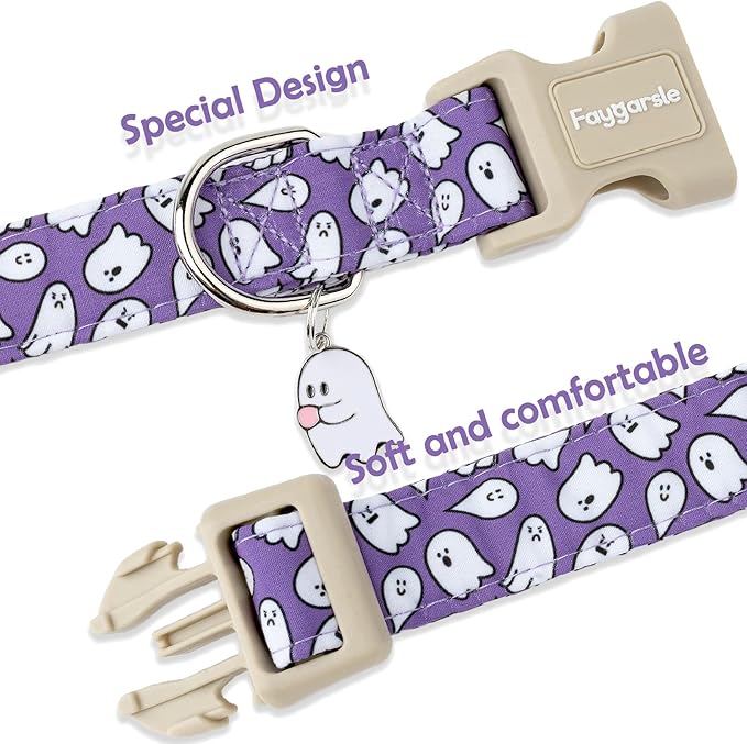 Faygarsle Halloween Dog Collar with Charm, Purple with Ghost Pattern, for Small Medium Large Dogs S