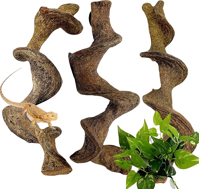 BNOSDM 3PCS Natural Reptile Climbing Branches Decor,1.2-1.8" Thick Natural Snake Climbing Forest Wood with Plant Leaf Decor,Lizard Forest Branch,Geckos Tank Tree Trunk Accessories for Bearded Dragons