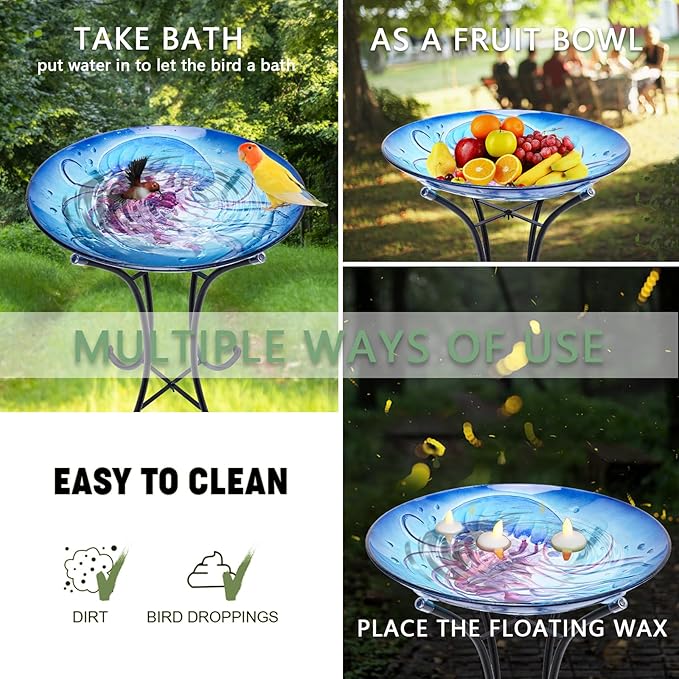MUMTOP Bird Baths for Outdoors, Jellyfish Glass Large Bird Bath Bowl with Metal Stand, Bird Feeders for Outside and Garden, Patio,Lawn Decor (Blue)