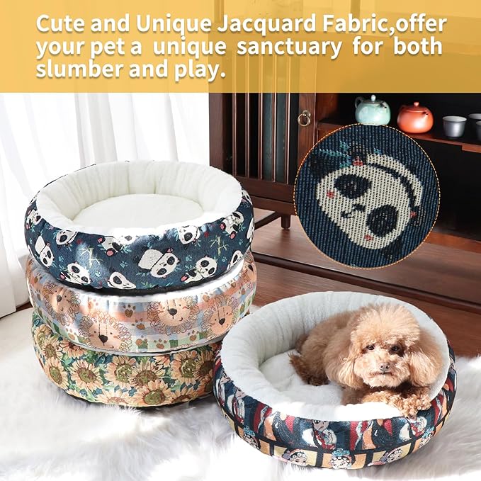 Circular Calming Dog & Cat Bed Anti-Anxiety Washable with Anti Slip Backing Donut Cuddler with Cute Jacquard Patterns for Cat and Small Puppy (XS-20in, Panda)