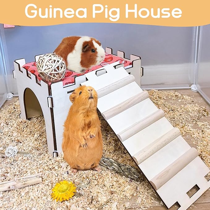 Guinea Pig Hideout,Large Wooden Guinea Pigs House with Stairs and Mats,Detachable Guinea Pig Castle Hide for Small Animals Hamster Chinchilla Ferret Habitats Accessories