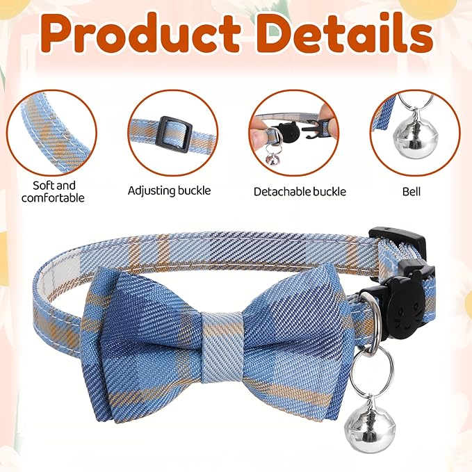 2Pcs Cat Collar Breakaway, Cute Plaid Cats Collar with Bells Soft Adjustable Kitten Accessories, Cat Bowtie Collar with Cat Buckle for Kitten Puppy and Small Pets
