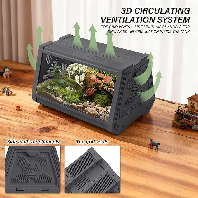 Reptile Terrarium,Anti-Breakage Lizard Cage, High-Transparency Viewing Window,Dual-Side Escape-Proof Doors,Integrated Lighting,Ideal for Mini Gecko,Insect,Tarantula,Frog，Gray