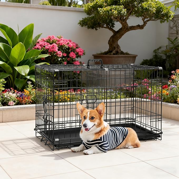 FDW 30-Inch Dog Crate Pet Cage with Metal Folding Design Plastic Tray Indoor Outdoor Dog Kennel Cage for Small and Medium Dogs,Dark Black