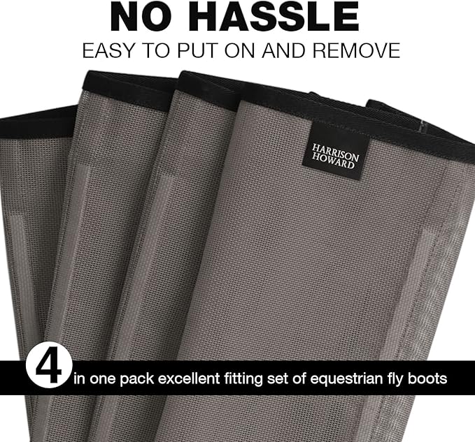 Harrison Howard Loose Fitting Fly Boots UV-Protective Extra Tough Mesh Ventilated Four Fasteners Stay-on Design Protect Horse Legs & Stomp-Reducing Set of 4 Dark Grey Medium