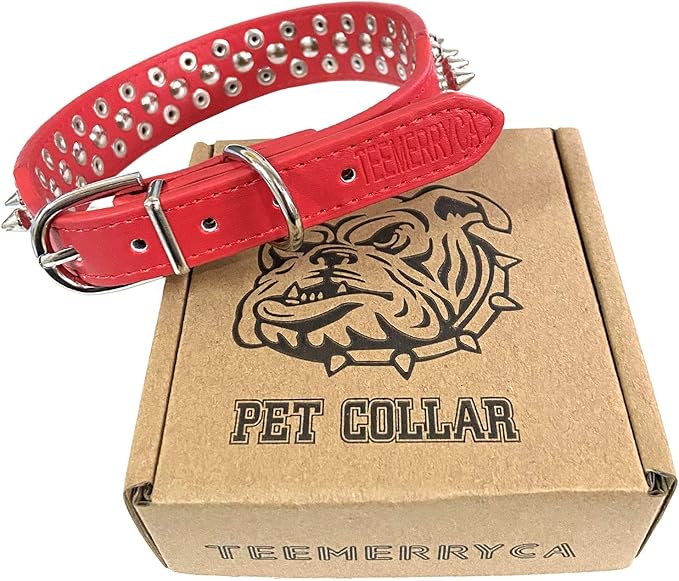 TEEMERRYCA Adjustable Microfiber Leather Spiked Studded Dog Collars with a Squeak Ball Gift for Small Medium Large Pets Like Cats/Pit Bull/Bulldog/Pugs/Husky, Red, XS 8.3-10.6 inches