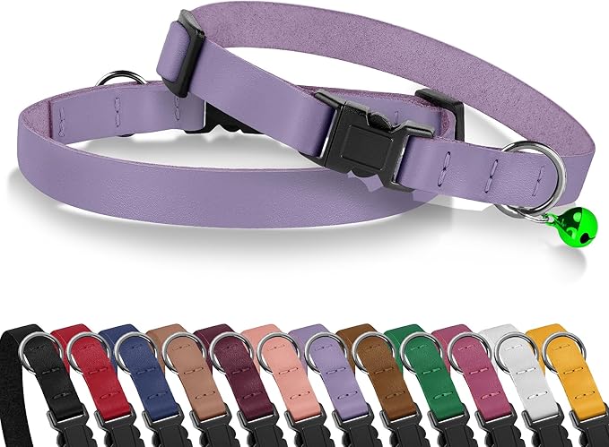 Breakaway Cat Collar with Bell - Leather Adjustable Kitten Collars with Safety Quick Release Buckle - Soft Small Pet Collars for Girl & Boy Cats (Lavender)