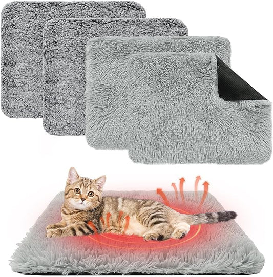 KOOLTAIL Self Warming Cat Bed, 4 Pack 16*20in Plush Extra Warm Self Heating Pet Pad for Crate, Floor, Indoor Outdoor, Non-Slip Upgraded Thermal Foil Puppy Kitten Mat with Removable Washable Cover,Grey