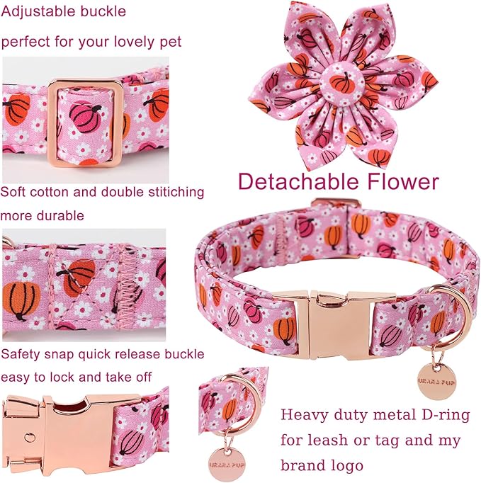 Halloween Pumpkin Dog Collar with Flower, Pink Halloween Puppy Flower Collar with Adjustable Metal Buckle,Fancy Halloween Dog Collar Bowtie Gift for Girl Boy Dog,XL