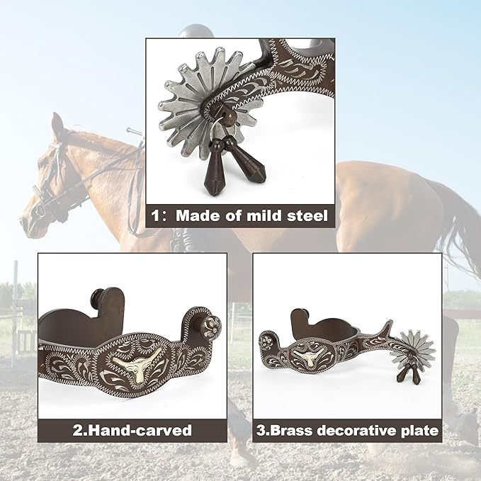 Western Antique Spurs for Horse Riding - Hand-Engraved Low Carbon Steel Spurs with Brass Accents, 75-78mm Adjustable Gear Design, Secure Copper Buckle