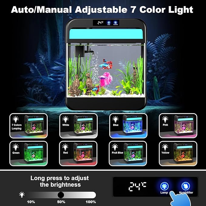 Fish Tank 2.2 Gallon Fish Bowl with Humidifier 7 Color Auto-Looping Light Aquarium Tank with 3 in 1 Silent Pump with Filteration & Oxygenation & Circulation(Black-2.2 Gallon)