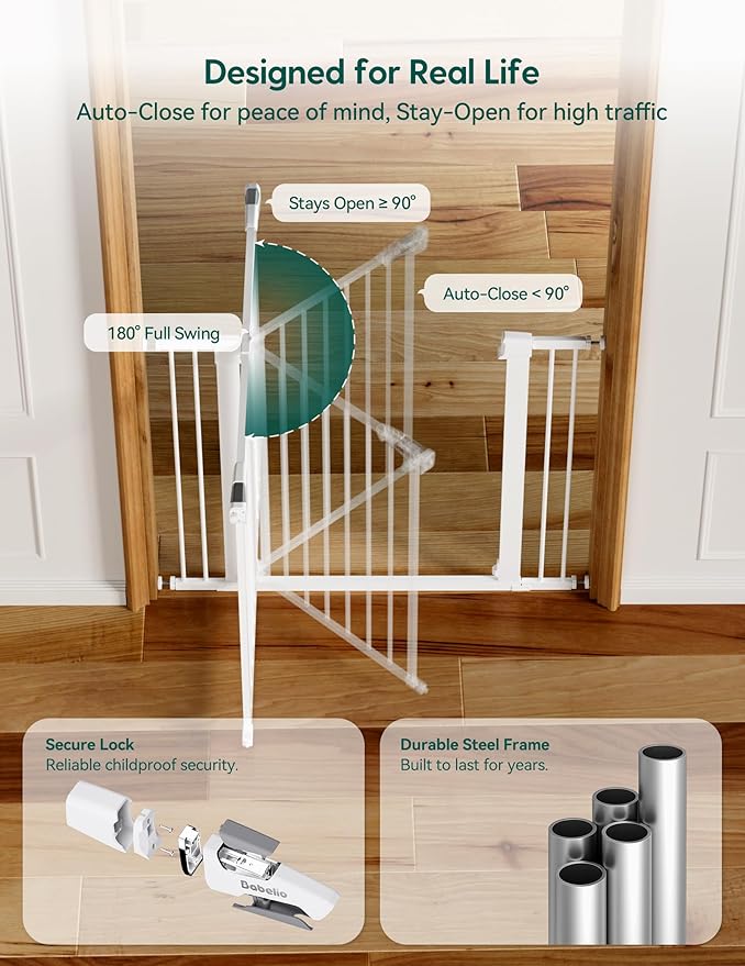 BABELIO 36" Tall Dog Gate PressGuard C5, 26-40" Wide Auto Close Baby Gate, Pressure Mounted Metal Pet Gate, Easy Install No Drilling, No Tools Needed, with Wall Protectors and Extension Kits, White