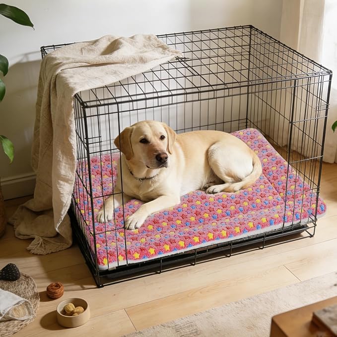 Mora Pets Dog Crate Pad - Ultra Soft Bed With Cute Star Print, Washable Mat for Large Medium Small Dogs, Reversible Fleece Kennel Liner, Cat Bed 35 x 22.8 Inch Pink