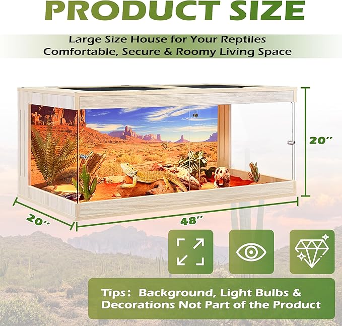 Royxen Bearded Dragon Tank, Tempered Glass Reptile Terrarium with Metal Mesh Top, 3-Side Clear Anti-Scratch Glass Lizard Tank for Reptile Habitat (Oak, 82 Gallons,48" Length)