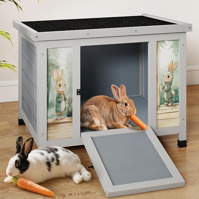 COZIWOW 24 Inch Rabbit Hutch Outdoor, Weatherproof Cat House, Bunny Cage Indoor with Non-Slip Ramp, Portable Wooden Shelter for Rabbits, Feral Cats, Chicken, Duck & Other Small Animals (Grey)