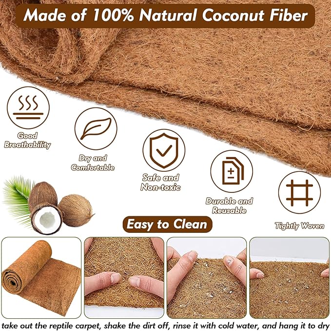 ZeeDix 3 Rolls Reptile Carpet, 18 x 24 inches Natural Coconut Fiber Liner Mat Flooring Accessories for Reptile Tank - Bearded Dragon Tortoise Lizard Turtle Snake Leopard Gecko Substrate Bedding