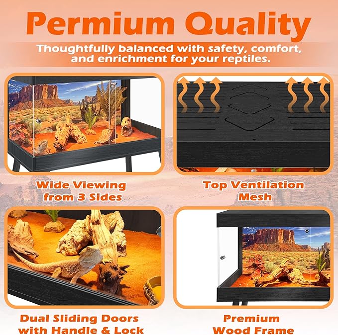 Royxen Bearded Dragon Tank with Metal Mesh Top and Leg Stand,Tempered Glass Reptile Tank,Reptile Enclosure,Lizard Tank for Chameleon,Snake,Lizard Habitat(48inch,Black)