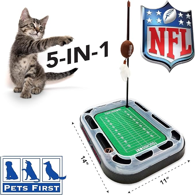 Pets First Catnip Toy HOUSTON TEXANS FOOTBALL FIELD CAT SCRATCHER TOY with CATNIP Filled Plush FOOTBALL Toy & Feather Cat Toy hanging, with Jingle Bell INTERACTIVE BALL Cat Chasing 5-in-1 KITTY Toy