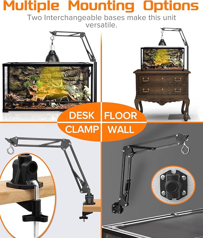 4 IN 1 Metal Reptile Lamp Stand with Swing Arm for Terrarium - Floor Light Stand for Reptile Tank - Adjustable Height & Width & Angle Heat Lamp Holder - Heating Light Bracket & Hanger (Max Height 72")