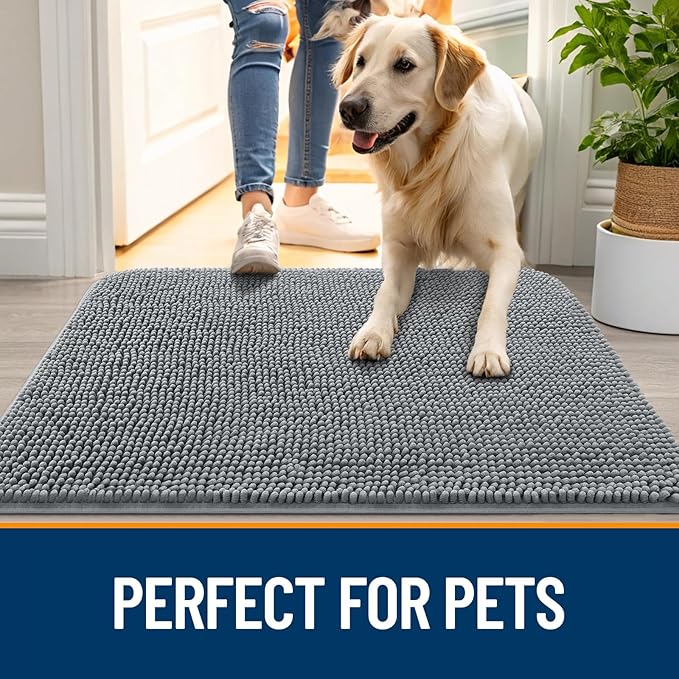 OLANLY Dog Door Mat Set 2-Piece 36x24, Absorbs Moisture and Dirt, Absorbent Non-Slip Washable Doormat, Quick Dry Chenille Mud Mat for Dogs, Entry Indoor Entryway Carpet for Inside Floor, Grey