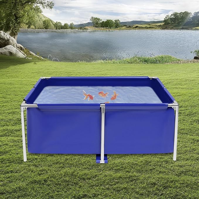 Foldable Fish Pond Aquarium Blue Cuboid Canvas Fish Pond Aquarium, Koi Breeding Pond with Metal Frame and Drain Valve for Home Breeding Pond or Aquaculture