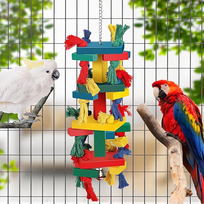 Skylety Parrot Toys for Large Birds Natural Wood Bird Toys Multicolored Wooden Tearing Parrot Block for African Grey, Cockatoos, Macaw