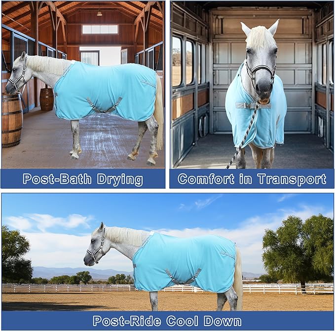 Horse Fleece Cooler, Blanket Liner - 300g Anti-Pilling Fleece, Moisture-Wicking, Cooling & Drying for Post-Workout, Bath & Travel, Prevent Overheating & Chilling Lightblue 66