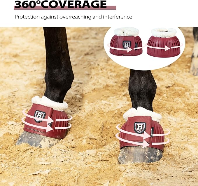Harrison Howard Rubber Pull-on Bell Boots with Fleece Lining and Extra-Large Leather Touch-Close Tape Hoof Overreach Protection for Horses Sold in Pairs Wine Red L