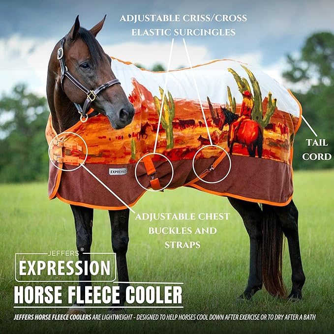 Jeffers Expression Fleece Cooler for Horses, Standard Neck, Cattle Drive 84"- Equine Towel Blanket, Moisture Absorbent, Light Weight, Best for Drying, Exercise, Bathing, Adjustable Belly Bands