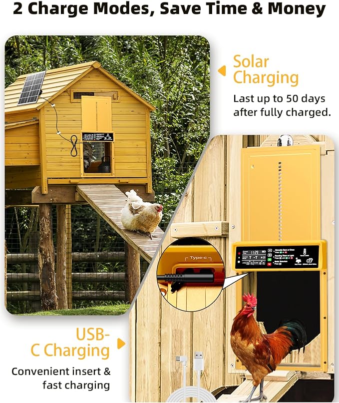 2025 Upgrade 7W Solar Power Chicken Door, Pet Deluxe Automatic Chicken Coop Door with 10PCS Wire Clip, Timer, Light Sensor, LCD Display & Anti-Pinch Durable Aluminum Auto Coop Door with 4 Modes-Gold