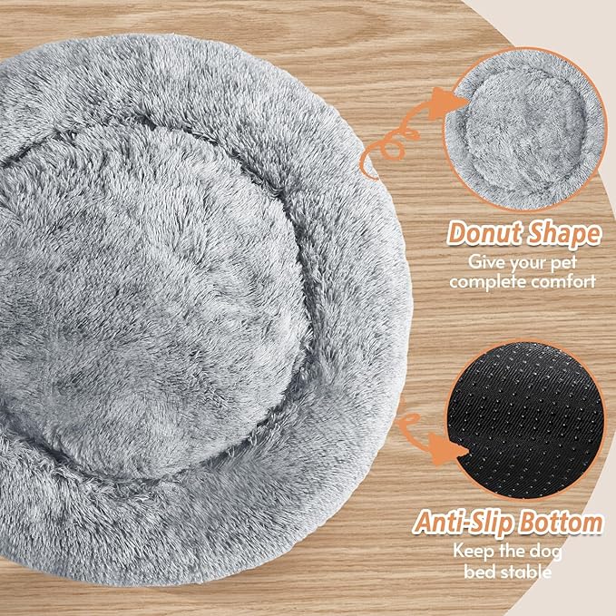 JOLLYVOGUE Calming Dog & Cat Bed for Small Dogs, Anti-Anxiety Donut Cuddler Cozy Soft Round Bed with Anti-Slip Bottom, Fluffy Faux Fur Plush Cushion Beds for Small Dogs, 23"/Smoke Gray
