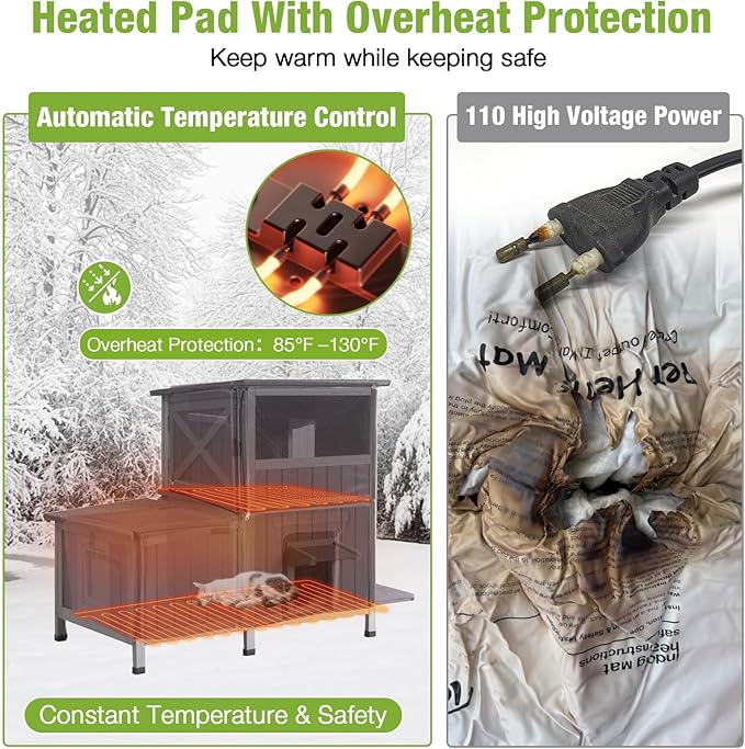 GUTINNEEN Heated Cat House for Outside Outdoor Cat House Insulated with Heated Pad, Insulated Liner, Dual-Section Large Wooden Shelter with Three Escape Doors for Multiple Cats