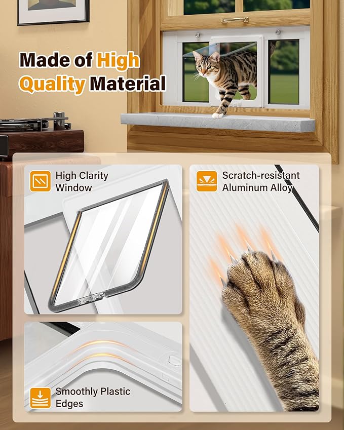Cat Door for Window Weatherproof: Aluminum Frame Flap Pet Door Fit Window Insert - Easy Adjustable to Quick Fit Windows Width 31"-36" - 4 Secure Lock Modes with Magnetic Closure for Cats Dog